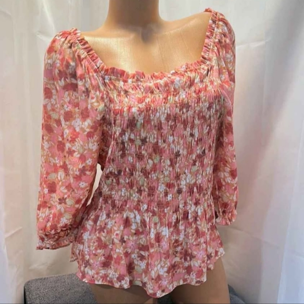 Pink Floral Smocked Top Elastic Waist